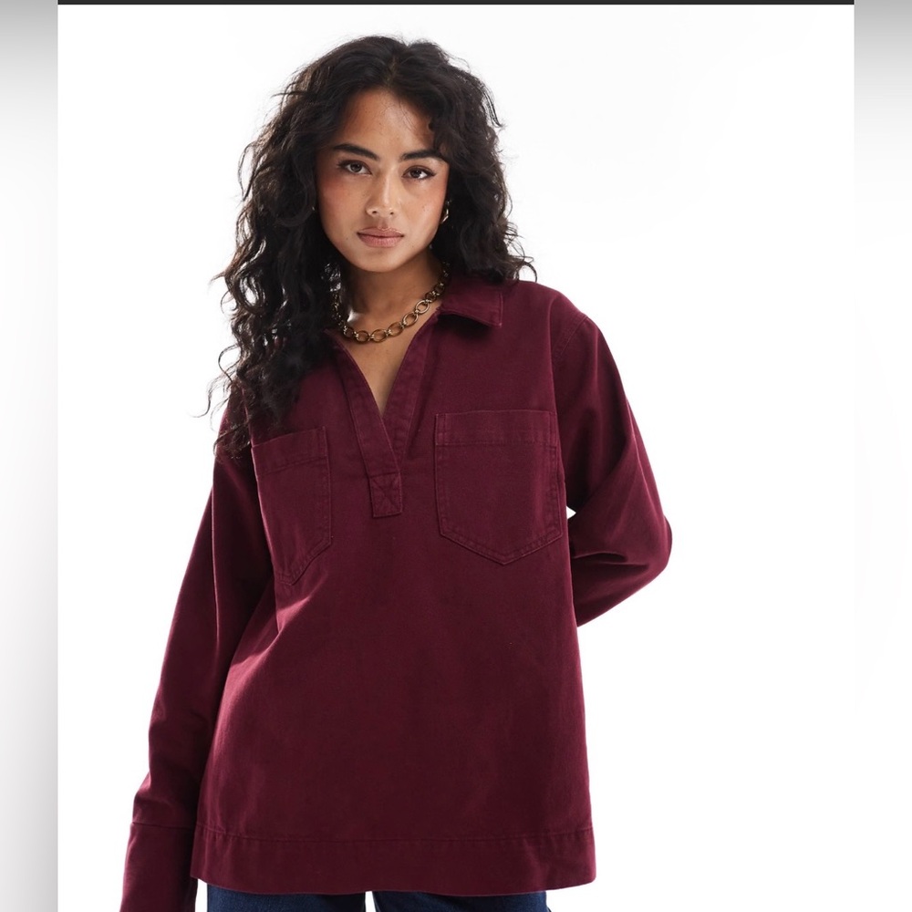 ASOS Design Denim Rugby Pullover Shirt in Burgundy